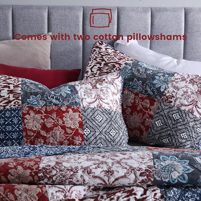 Secgo California King Quilt Size - 100% Cotton Oversized California Comforter Set Bedding Sets (120 * 110 Inch) with 2 Pillow Shams, Patchwork Reversible Lightweight Bedspread