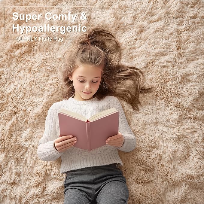 OLANLY Area Rugs for Living Room Bedroom, Machine Washable 4x5.9 ft Soft Fluffy Shaggy Bedside Rug, Indoor Floor Carpet for Kids Girls and Boys, Dorms, Nursery Rooms, Home Decor Aesthetic, Beige