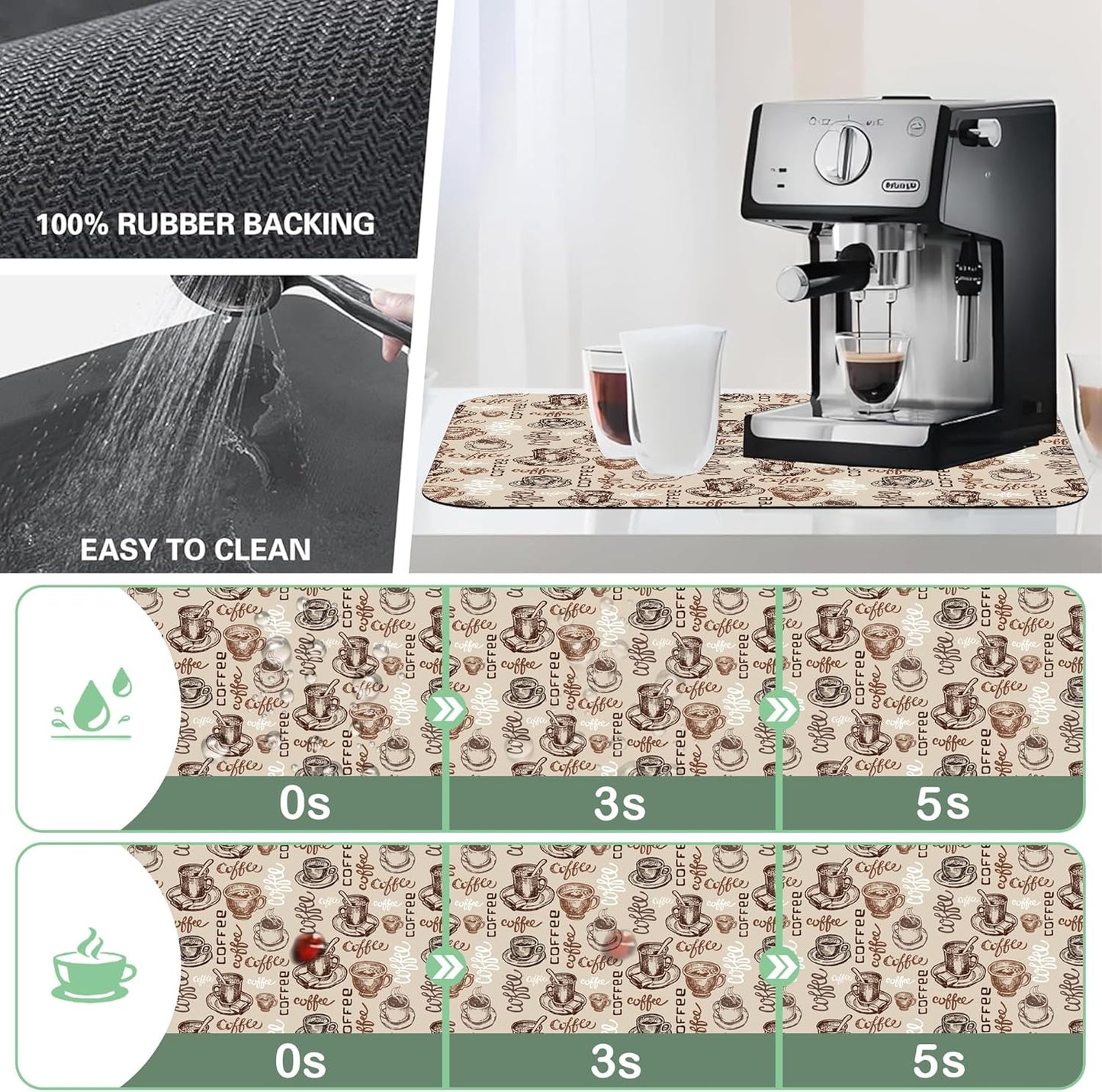 Doodle Coffee Cup Dish Drying Mat,16"X24" Absorbent Fast Dish Drying Mat for Kitchen Counter Pot and Pan, Kitchen Accessories