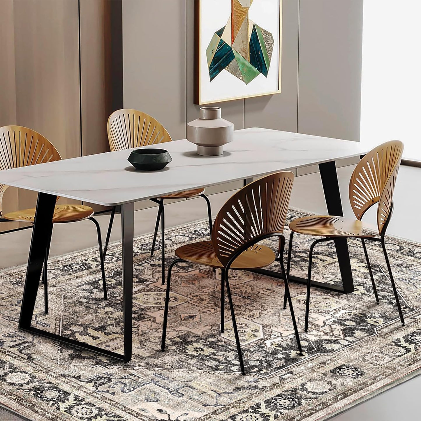 Area Rug 5'x7' Black-Purple Khaki Washable Vintage Traditional Floor Cover Thin Retro Kitchen Indoor Distressed Non Slip Carpet for Living Room Bedroom Dining Room