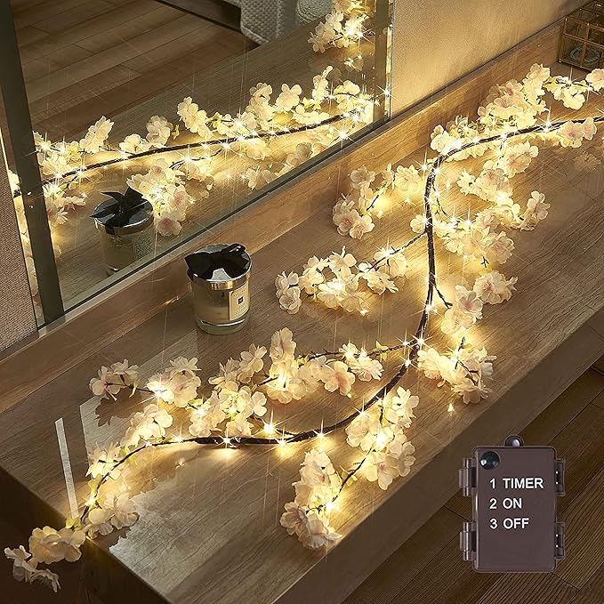 LITBLOOM Cherry Blossom Garland with Lights Battery Operated with Timer 96 Fairy Lights, Lighted Flower Garland 6FT for Mantle Firepalce Wedding Party Decoration Indoor Outdoor