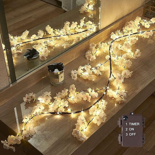 LITBLOOM Cherry Blossom Garland with Lights Battery Operated with Timer 96 Fairy Lights, Lighted Flower Garland 6FT for Mantle Firepalce Wedding Party Decoration Indoor Outdoor