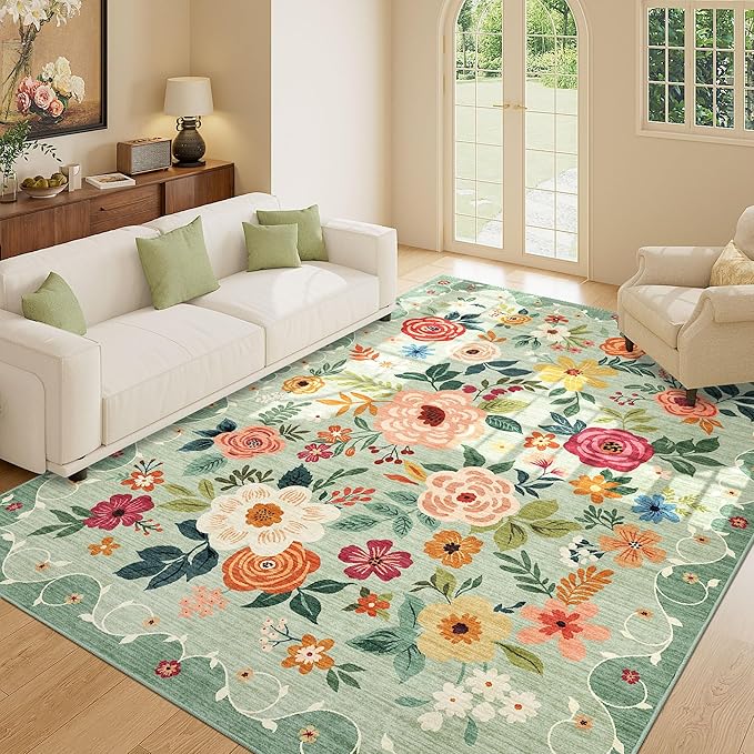 DUKINO 4x6 Area Rug, Floral Rugs for Living Room, Lightweight Non Slip Washable Rug, Indoor Low Pile & Non-Shedding Boho Design Rugs for Bedroom, Living Room, Dining Room, Green