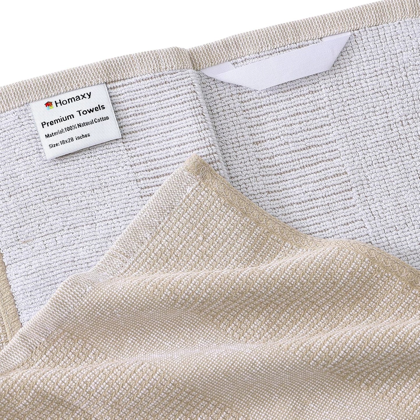 Homaxy Premium Kitchen Towels(18”x 28”, 12 Pack), Large Cotton Kitchen Hand Towels, Flat and Terry Dish Towels, 380 GSM Highly Absorbent Tea Towel Set with Hanging Loop, Khaki