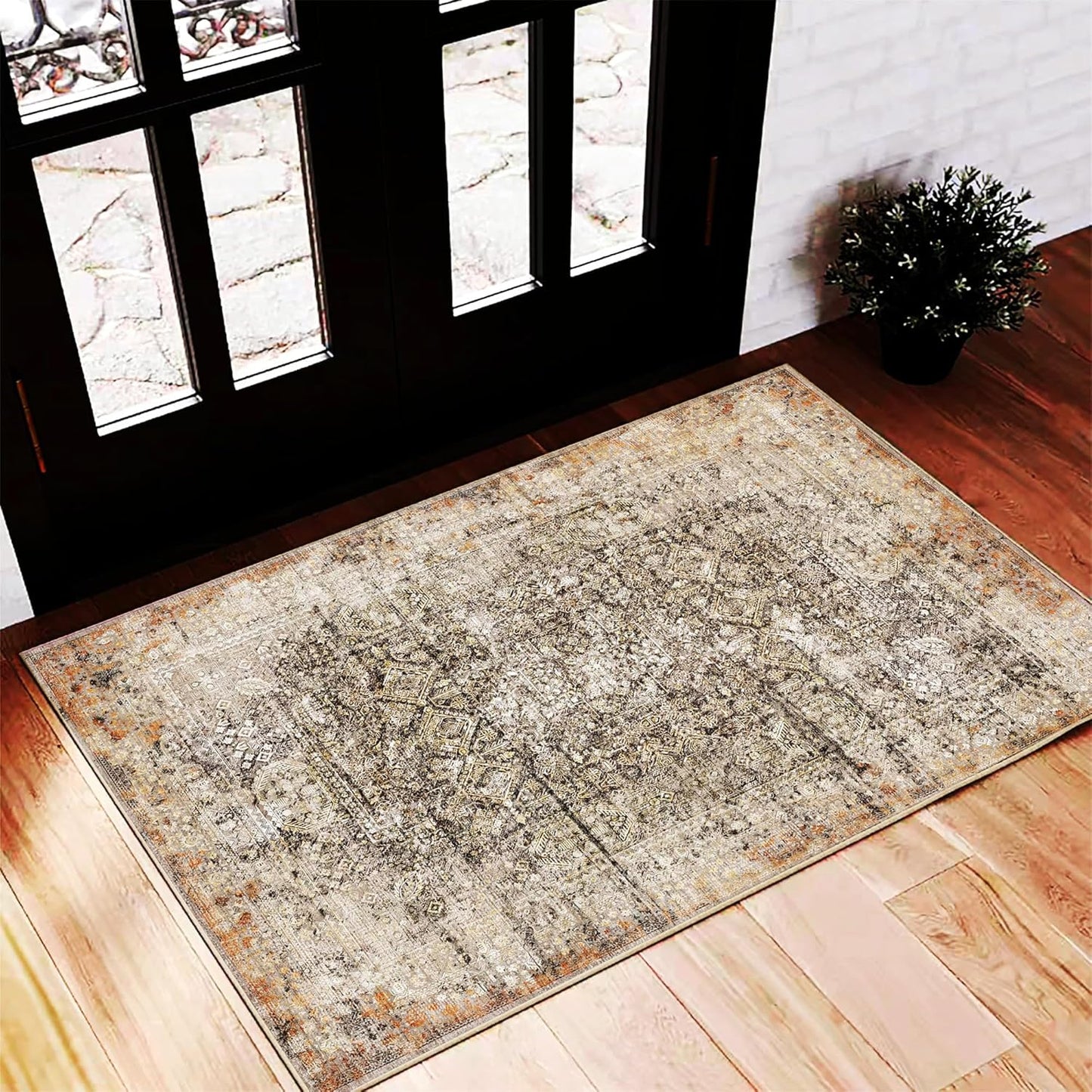 Area Rug 2'x3' Washable Door Mat Vintage Distressed Taupe Doormat Indoor Entrance Traditional Thin Floral Print Non Slip Carpet for Kitchen Bathroom Bedroom Living Room