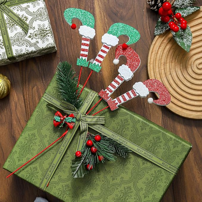8Pcs Christmas Elf Feet Picks - Red White/Red Green Tree Decoration Ornaments for Home Office Party