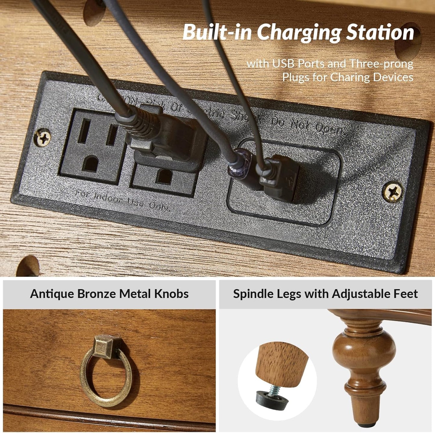 HULALA HOME Wood Nightstand with Charging Station, 3 Drawer Traditional Nightstands, End Table with Solid Wood Legs for Bedroom, USB Ports & Three-Prong Plugs, SEADRIFT