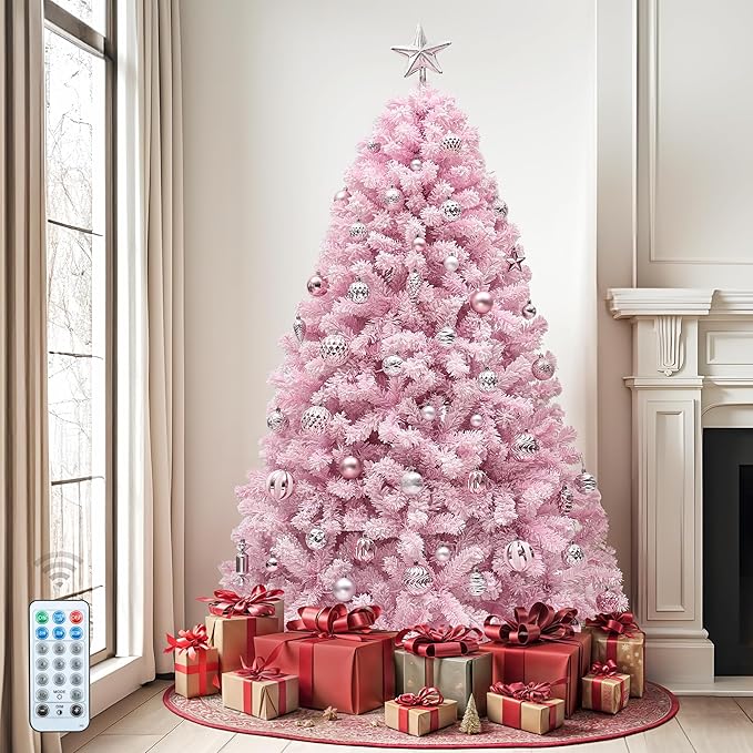 DWVO 4.5ft Pre-lit Pink Christmas Tree with Lights, Prelit Atificial Trees with 400 Tips & 200 UL Listed Lights, Automatic Branches & Easy Assembly for Home Party