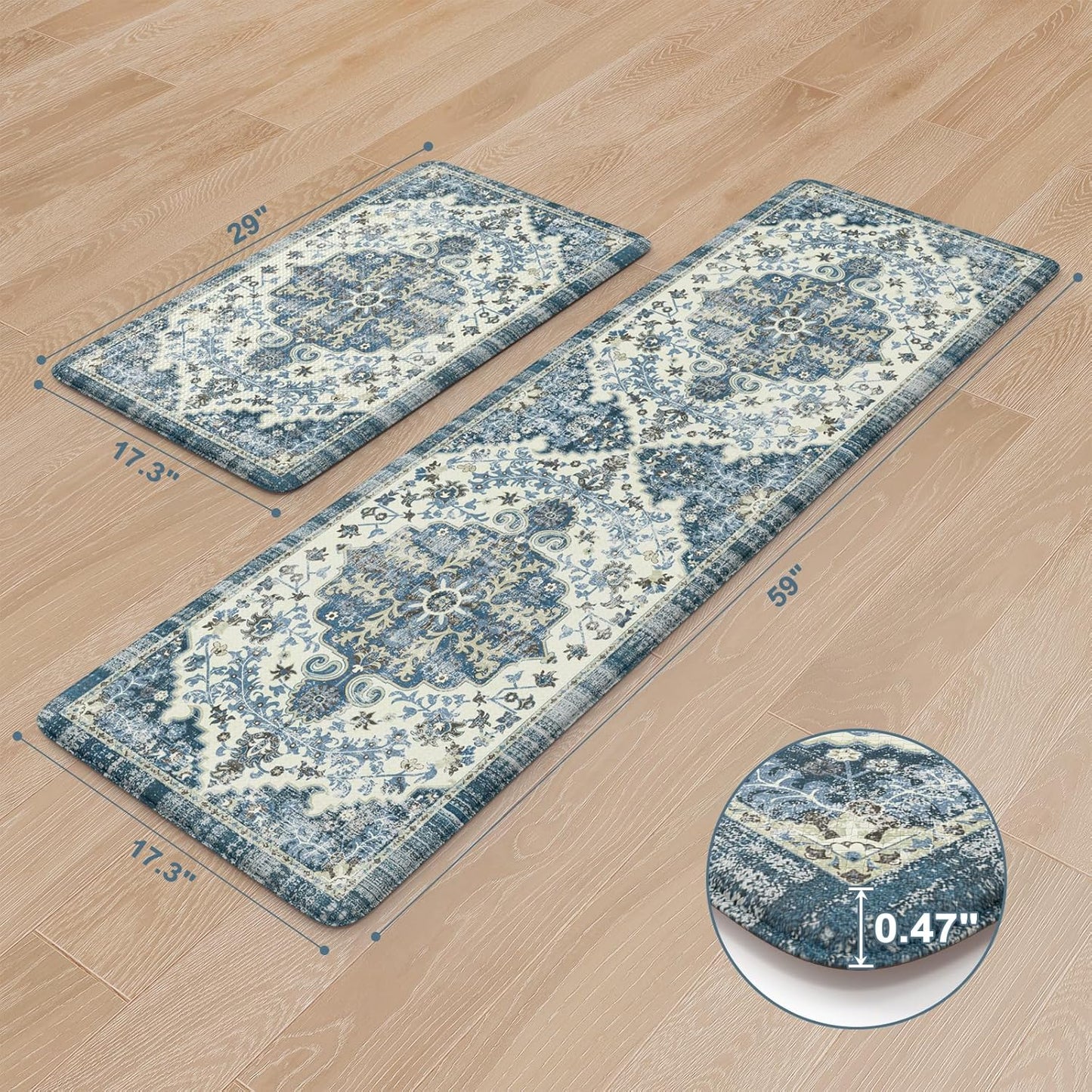KIMODE Anti Fatigue Kitchen Mat for Floor 17.3"x29"+17.3"x59", Boho Vintage Kitchen Rugs Sets of 2, Cushioned Non Slip Kitchen Mats for Floor, Comfort Kitchen Floor Mat for Sink Laundry Desk Blue