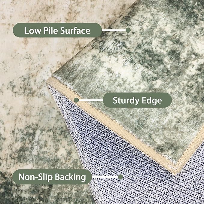 Runner Rug for Hallway Kitchen, 2x12 Machine Washable Runners Rug for Entryway, Soft Modern Abstract Throw Rugs, Low Pile Floor Cover with Non Slip Backing, Muted Green/Beige