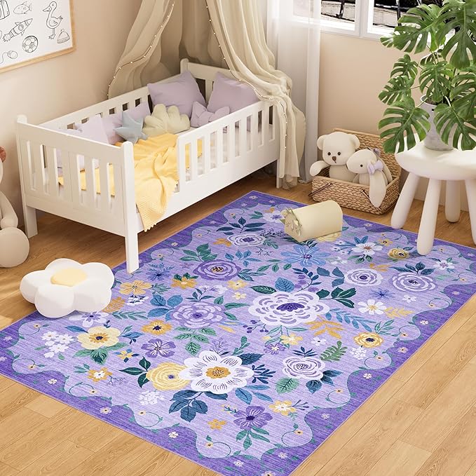 DUKINO 3x5 Area Rug, Floral Rugs for Living Room, Lightweight Non Slip Washable Rug, Indoor Low Pile & Non-Shedding Boho Design Rugs for Bedroom, Living Room, Dining Room, Purple