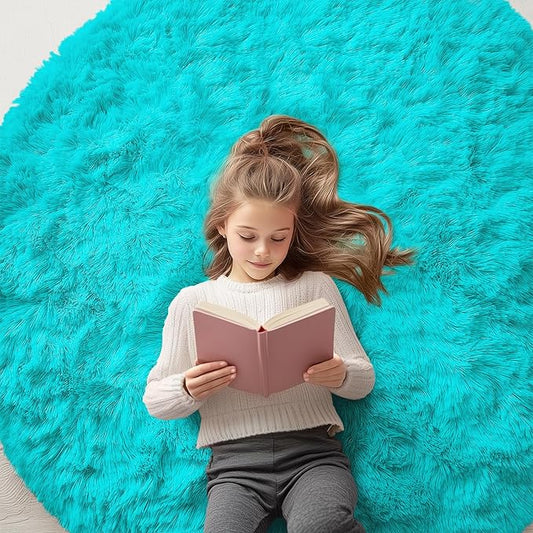 OLANLY Teal Blue Round Rugs for Bedroom - Machine Washable, 5 ft Circle Area Rugs for Living Room, Soft and Fluffy Shaggy Carpet for Teen Girls and Boys, Nursery Rooms, Dorms, Home Decor Aesthetic