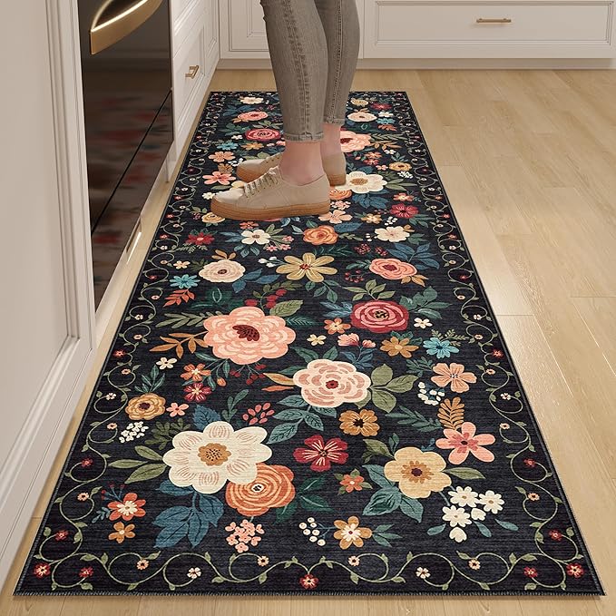 DUKINO Runner Rug, 2.6x8 Kitchen Rugs for Hallway with Non Slip Backing, Washable Low Pile Soft Boho Floral Runner Carpet for Hallway, Kitchen, Entryway, Laundry, Bedroom, Black