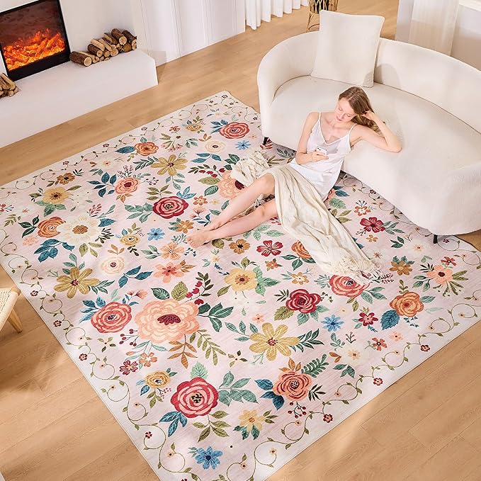 DUKINO 8x10 Area Rug, Floral Rugs for Living Room, Lightweight Non Slip Washable Rug, Indoor Low Pile & Non-Shedding Boho Design Rugs for Bedroom, Living Room, Dining Room, Beige