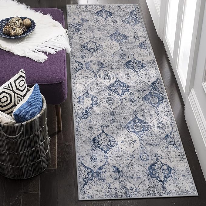 Lahome Moroccan Trellis Washable Runner Rug, 2x6 Kitchen Runners for Hallways 6 Feet Non Slip, Vintage Laundry Room Rug Ultra-Thin Long Carpet for Bathroom Bedroom Entryway, White/Royal Blue