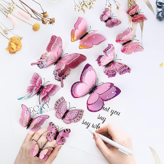 24PCS Butterfly Wall Decals Removable 3D Butterflies Decor for Wall Sticker Mural Stickers Home Decoration Kids Room Bedroom Decor (Double Layer-Pink/24PCS)