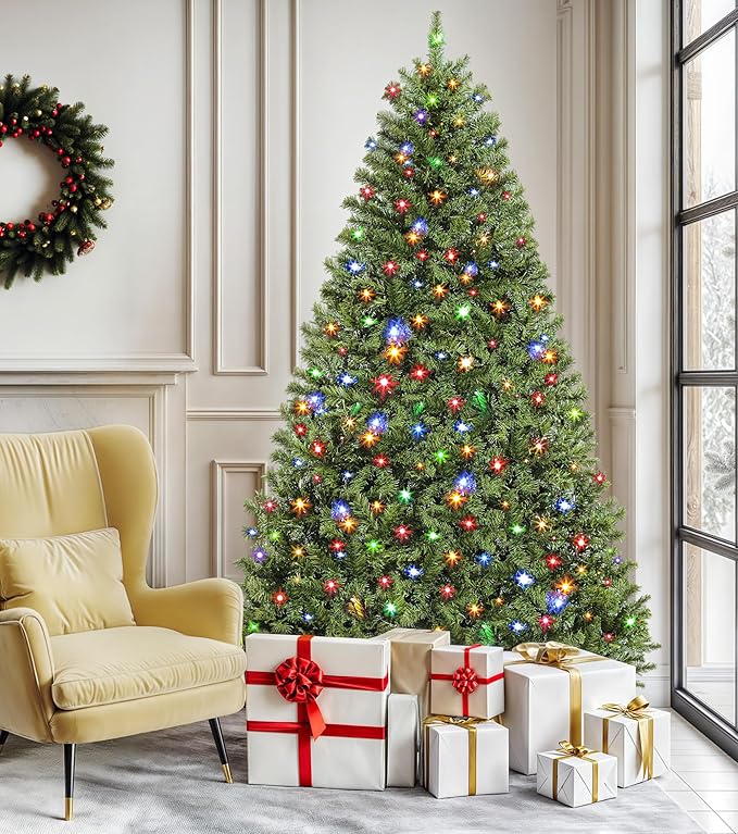 DWVO Prelit Christmas Tree 7.5ft, Atificial Christmas Tree with 550 LED Lights Includes Metal Stand, Xmax Trees Green Full Trees with 1450 Branches Tips, Metal Hinges Remote Control for Home Party