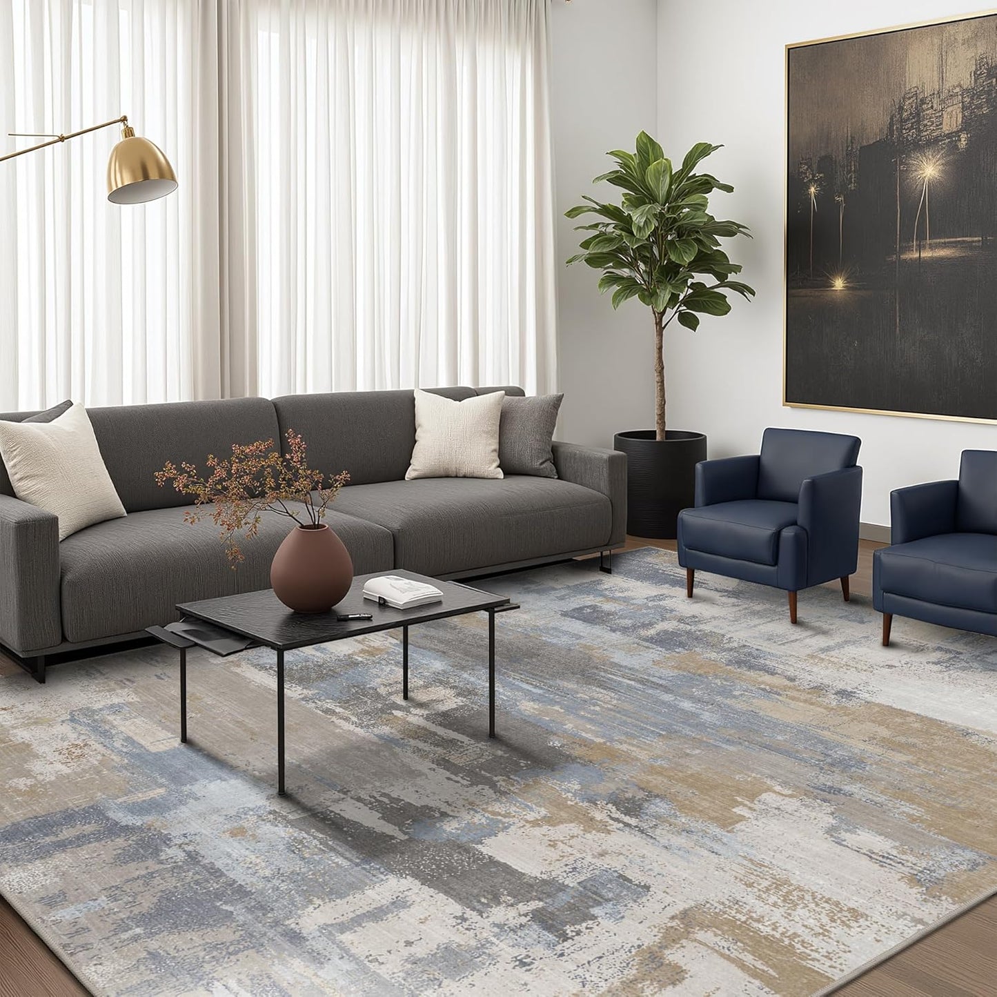 Area Rugs 8x10 for Living Room Bedroom, Modern Abstract Machine Washable Large Soft Greyish Blue Rug, Low Pile Floor Carpet with Non Slip Backing for Dining Room, Coastal Dusk