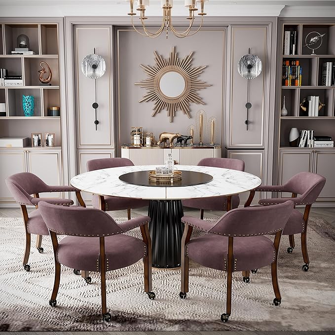 MODERION Dinning Chairs with Wheels and Arms Set of 6, Solid Wood Office Desk Chairs with Frosted Velvet Upholstered, Classic Swivel Accent Chairs,31.5" H Boss Caption's Chair, Plum XXY-HT22-PM