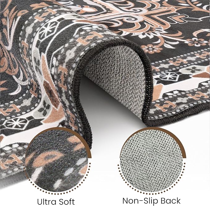 Washable Runner Rug 2x6 | Non Slip Rug Runners for Hallways, Entryways, Kitchens, Bathrooms, Bedrooms | Ultra-Soft Flannel Carpet Runners with Rubber Backing (Black Brown Cream, 2x6)