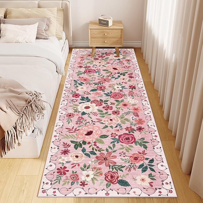 DUKINO 2x6 Kitchen Runner Rug for Hallway, Washable Runner Rug with Non Slip Backing, Low Pile Soft Boho Floral Carpet for Girls Room, Kitchen, Entryway, Laundry, Bedroom, Pink