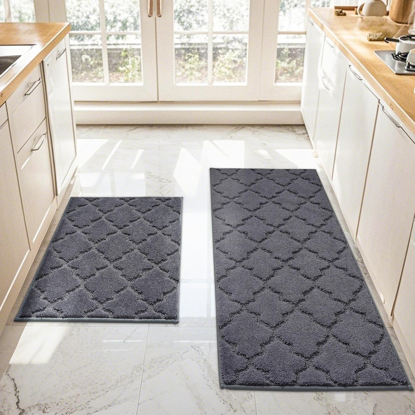 JSEI Kitchen Rugs, Non-Slip Kitchen Mats for Floor, Soft Washable Absorbent Kitchen Mats 2 Pieces, Kitchen Carpet Runner with TPR Backing, Polyester, 20”x32”+20”x48”, Dark Grey