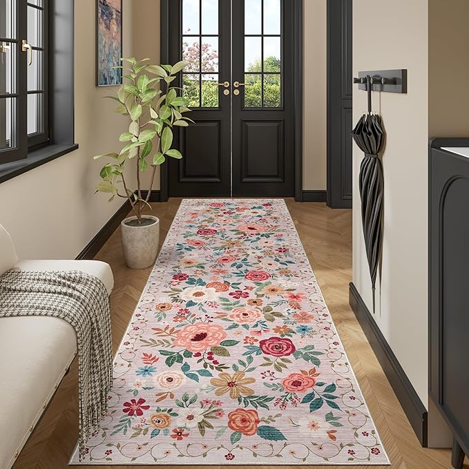 DUKINO 3x10 Runner Rug for Hallway, Washable Kitchen Floral Runner Rug with Non Slip Backing, Low Pile Soft Boho Carpet for Kitchen, Hallway, Entryway, Laundry, Bedroom, Beige