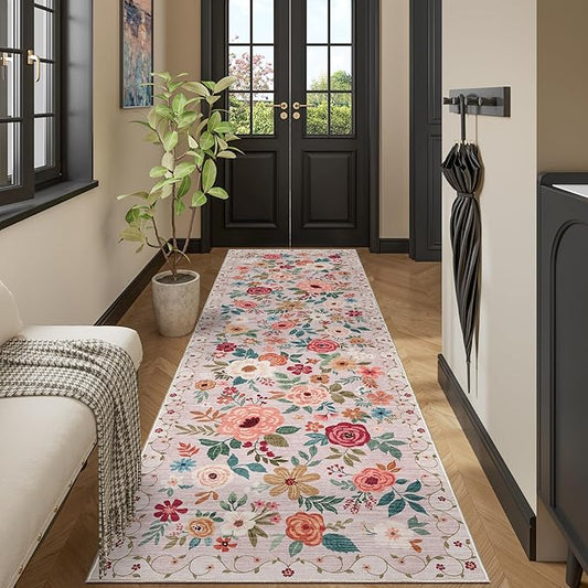 DUKINO 3x10 Runner Rug for Hallway, Washable Kitchen Floral Runner Rug with Non Slip Backing, Low Pile Soft Boho Carpet for Kitchen, Hallway, Entryway, Laundry, Bedroom, Beige