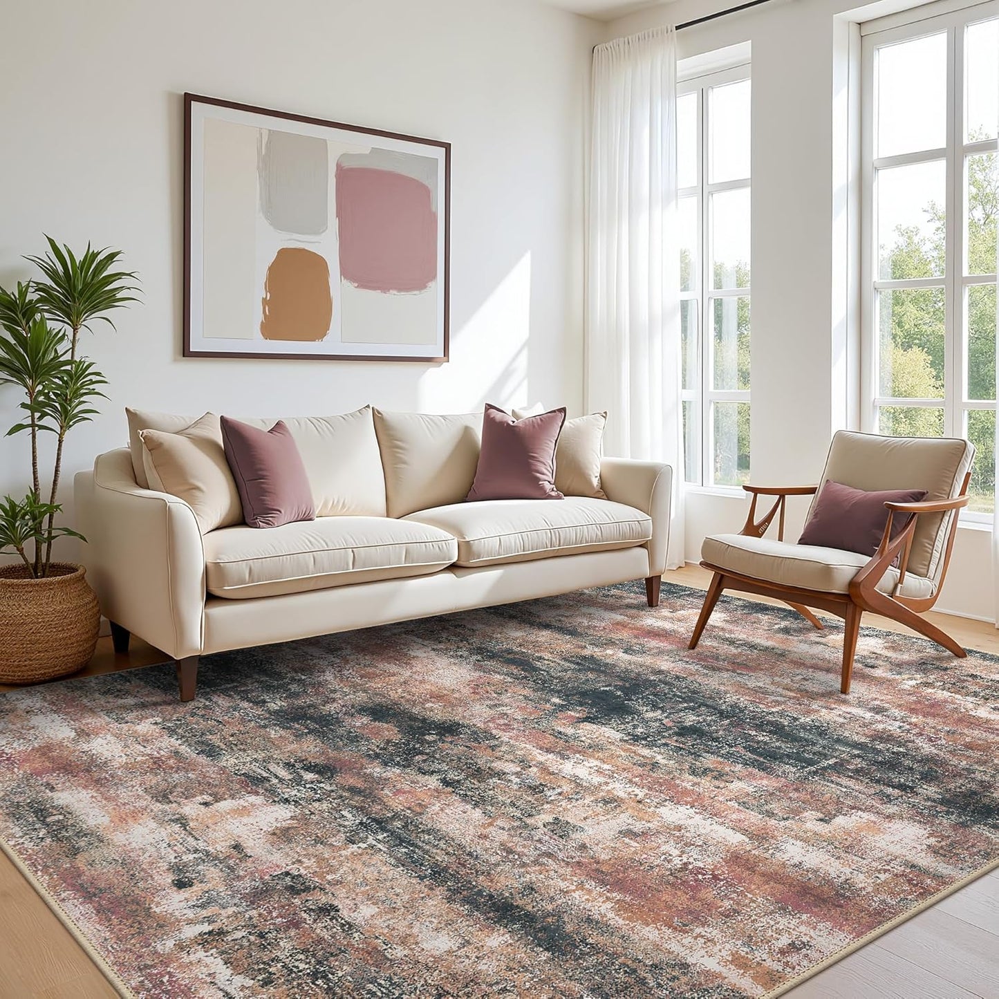 Area Rugs 6x9 for Living Room Bedroom, Modern Abstract Machine Washable Rug, Large Soft Low Pile Floor Cover with Non Slip Backing for Dining Room, Rose Rust