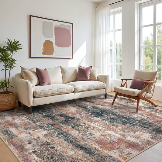 Area Rugs 6x9 for Living Room Bedroom, Modern Abstract Machine Washable Rug, Large Soft Low Pile Floor Cover with Non Slip Backing for Dining Room, Rose Rust