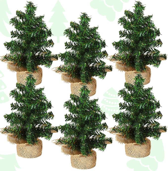 Yinder Tabletop 6 Pcs Mini Christmas Tree 7.87 Inch Artificial Mini Xmas Miniature Pine Christmas Tree with Linen Base for Xmas Holiday Decorations Indoor Home Kitchen Dining Table