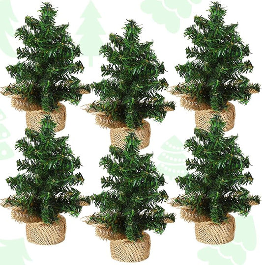 Yinder Tabletop 6 Pcs Mini Christmas Tree 7.87 Inch Artificial Mini Xmas Miniature Pine Christmas Tree with Linen Base for Xmas Holiday Decorations Indoor Home Kitchen Dining Table