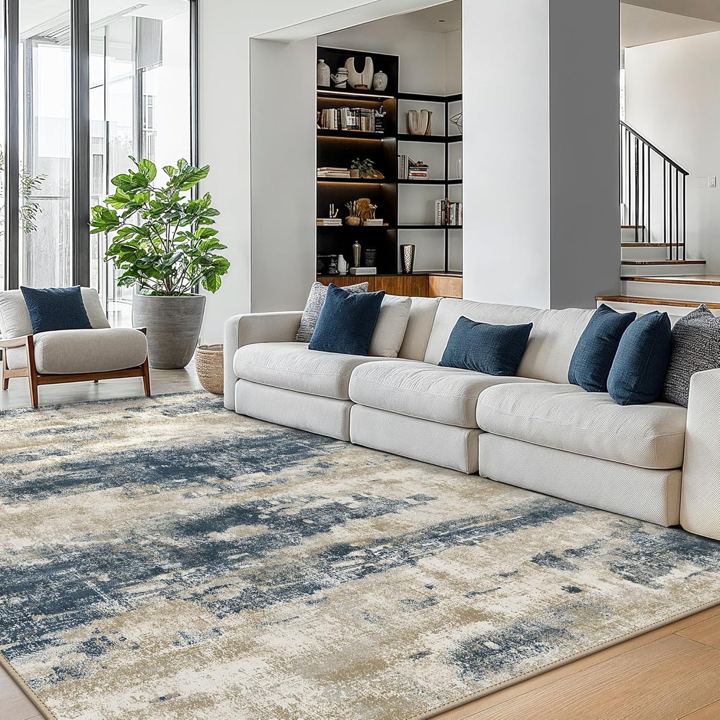 Area Rugs 10x12 for Living Room Bedroom, Modern Abstract Machine Washable Rug, Large Soft Low Pile Floor Cover with Non Slip Backing for Dining Room, Blue Beige