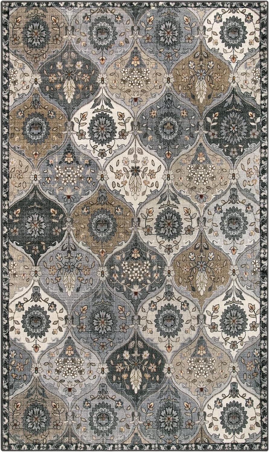Lahome Moroccan Trellis Washable Area Rugs, 3x5 Rug for Bedroom Entryway Indoor Non-Slip, Small Oriental Accent Carpet for Living Room Kitchen Bathroom Office, Grey