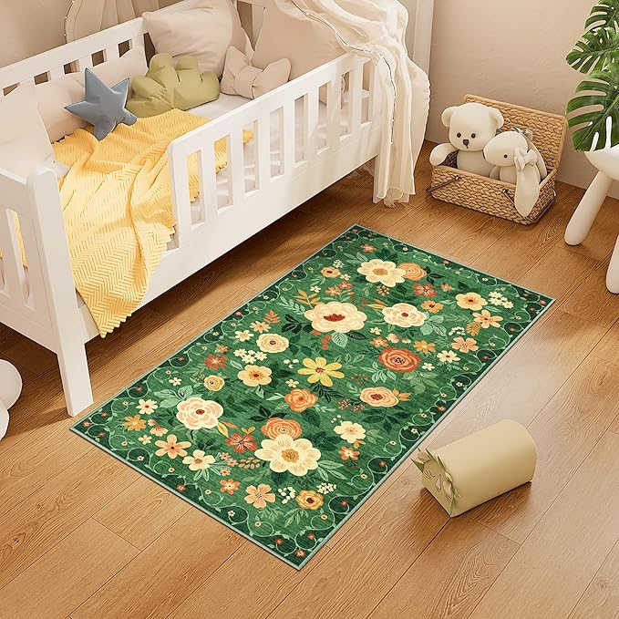 DUKINO 2x4 Rug for Entryway, Washable Kitchen Floral Runner Rug with Non Slip Backing, Low Pile Soft Boho Carpet for Kitchen, Hallway, Entryway, Laundry, Bedroom, Dark Green