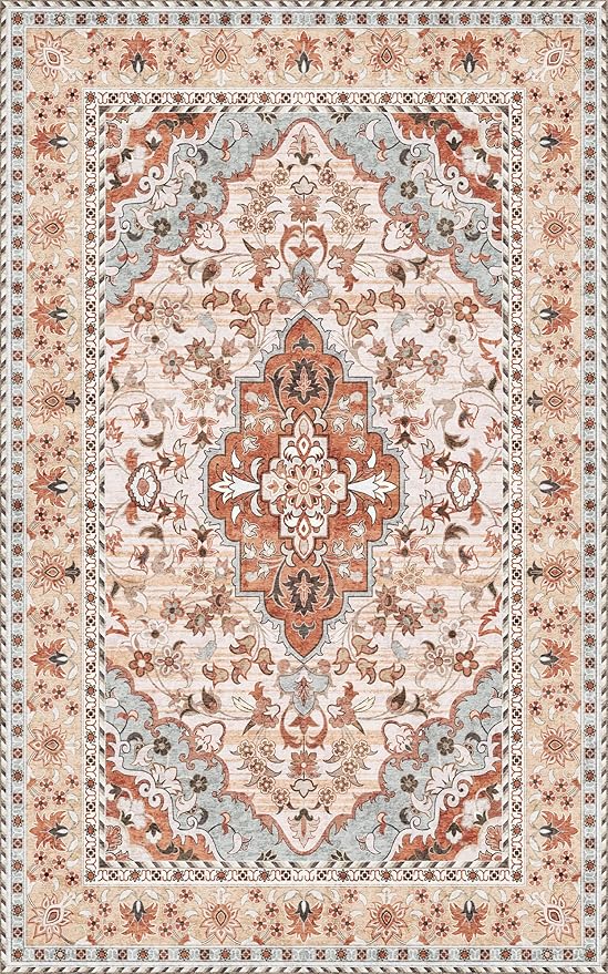 Washable Area Rug 5x8 | Non Slip Area Rug for Living Room, Bedrooms, Dining Room | Ultra-Soft Flannel Carpet Area with Rubber Backing (Rust Blue, 5x8)