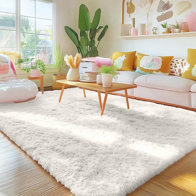 OLANLY 5x8 Machine Washable Large Area Rugs for Living Room, Bedroom, Soft Fluffy Shaggy Bedside Rug, Indoor Floor Carpet for Kids Girls and Boys, Dorms, Nursery, Home Decor Aesthetic, Ivory