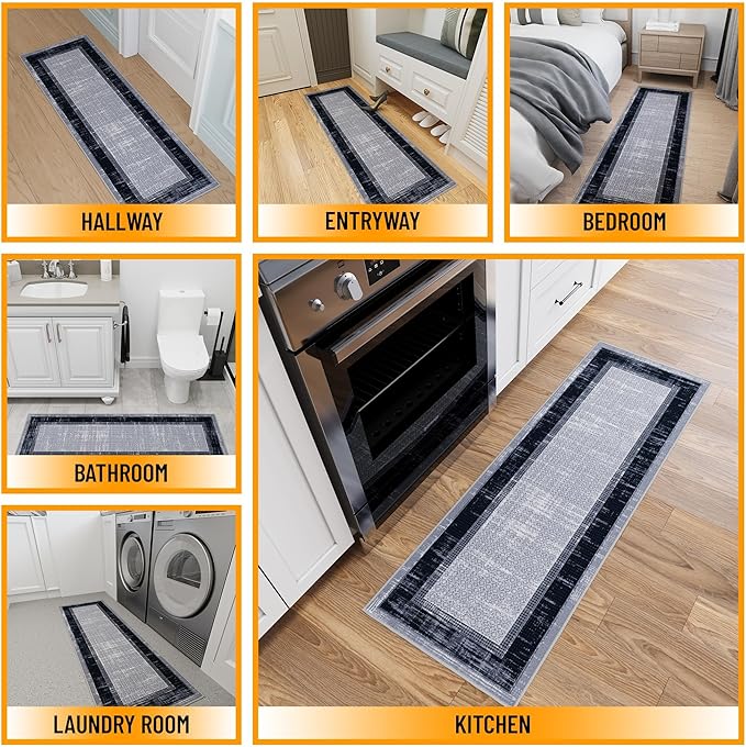 Ottomanson Hallway Runner Rug 20" x 59" Non Slip Border Area Rugs Easy to Clean Laundry Rug Runner Durable & Pet Friendly Floor Carpet Runners for Hallways Entryway Living Room Kitchen, Gray/Navy