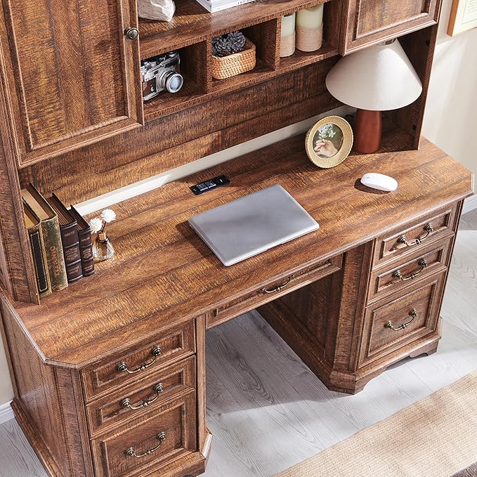 T4TREAM 59" Farmhouse Executive Desk with Hutch,Wood Home Office Computer Desk, Featuring Keyboard Tray,Charging Station,File Drawer, Storage Cabinet,for Work and Study (Reclaimed Barnwood)