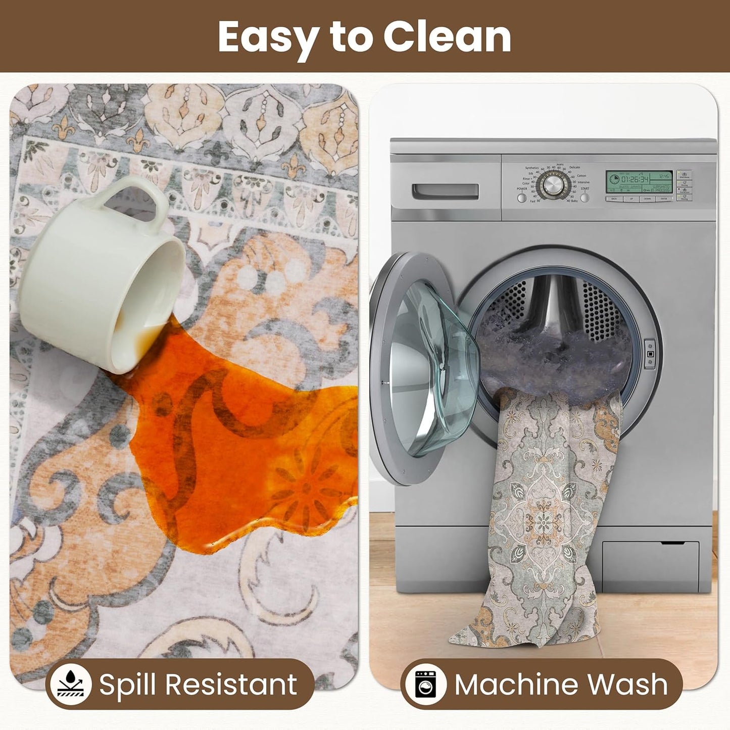 Washable Area Rug 5x8 | Non Slip Area Rug for Living Room, Bedrooms, Dining Room | Ultra-Soft Flannel Carpet Area with Rubber Backing (Frosted Turmeric, 5x8)