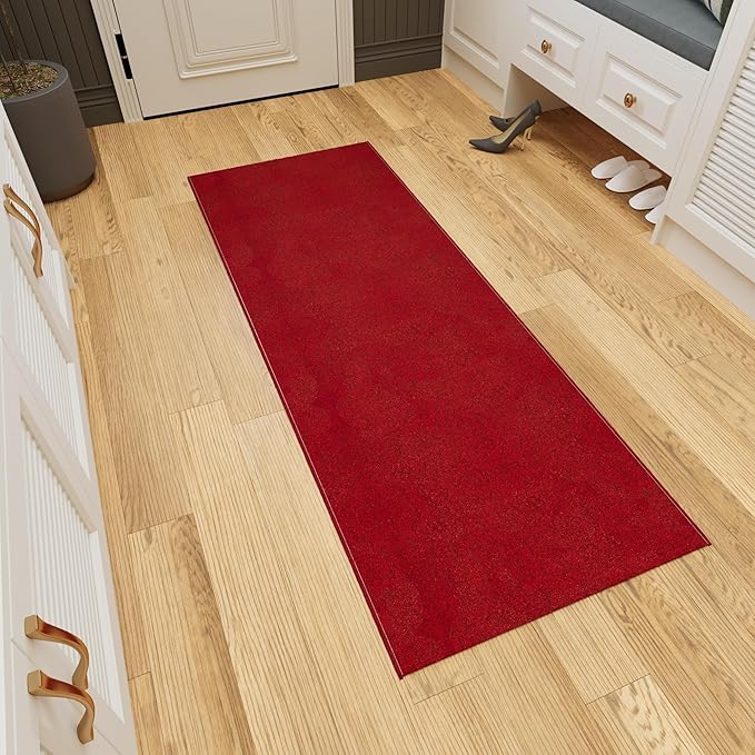 Ottomanson 2'7" x 9' Ultra-Thin Hallway Runner Rug - Durable Non-Slip Carpet for High-Traffic Areas - Fits Under Doors for Seamless Entry - Ideal for Kitchen, Entryway, Bedroom & Living Room, Red