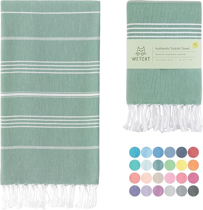 WETCAT Turkish Beach Towel Oversized (38"x71") 100% Turkish Cotton, Made in Turkey - Sand Free, Extra Large, Ultra Soft, Quick Drying, Compact & Lightweight for Travel - Teal