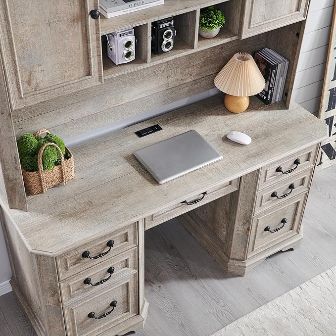 T4TREAM 59" Farmhouse Executive Desk with Hutch,Wood Home Office Computer Desk, Featuring Keyboard Tray,Charging Station,File Drawer, Storage Cabinet,for Work and Study (Light Rustic Oak)