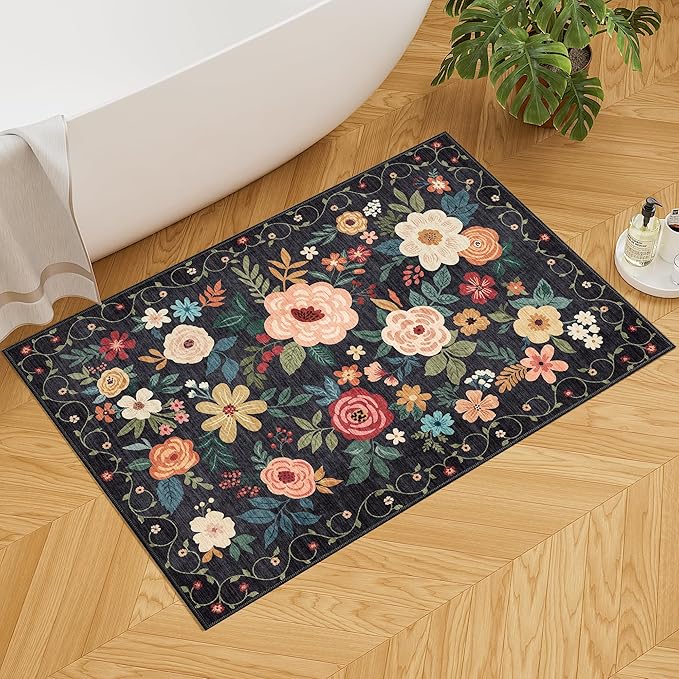 DUKINO 2x3 Rugs for Entryway, Floral Indoor Washable Door Mat, Non Slip Boho Small Rug for Kitchen, Soft Low Pile, Front Door Throw Rug for Entrance, Bedroom, Kitchen, Laundry, Bathroom, Black