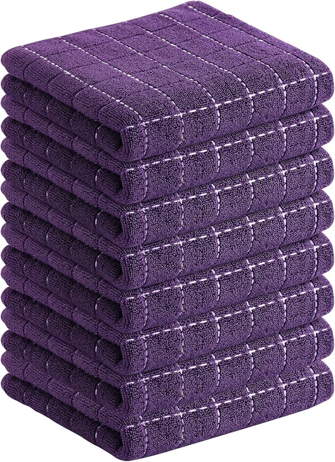 Homaxy 100% Cotton Terry Kitchen Towels(Purple, 13 x 28 inches), Checkered Designed, Soft and Super Absorbent Dish Towels, 8 Pack
