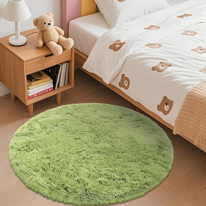 OLANLY Grass Green Round Rugs for Bedroom - Machine Washable, 3 ft Circle Area Rugs for Living Room, Soft and Fluffy Shaggy Carpet for Teen Girls and Boys, Nursery Rooms, Dorms, Home Decor Aesthetic