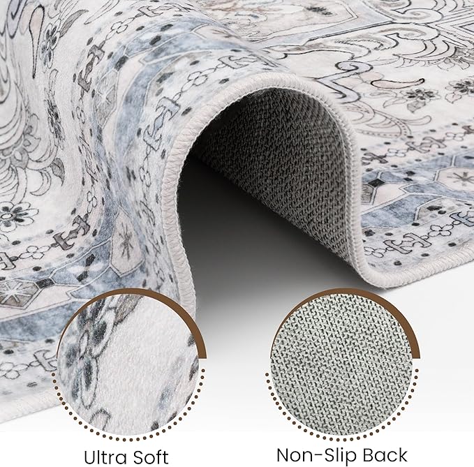 Washable Runner Rug 2x6 | Non Slip Rug Runners for Hallways, Entryways, Kitchens, Bathrooms, Bedrooms | Ultra-Soft Flannel Carpet Runners with Rubber Backing (Beige Blue, 2x6)
