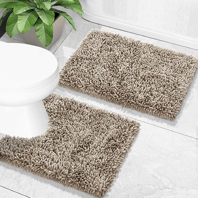 Yimobra Toilet Rugs U Shaped Washable, Extra Thick Soft Absorbent Chenille Contour Bathroom Rugs for Toilet 24x24 Inch, Quick Dry Non Slip Toilet Mat for Bath Floor, Camel