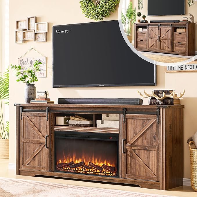 JXQTLINGMU Farmhouse Fireplace TV Stand for 80 Inch TV, 32" Tall Entertainment Center w/Drawer & Sliding Barn Door, 70 Inch Highboy Media Console for Living Room, Brown