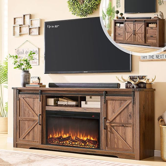 JXQTLINGMU Farmhouse Fireplace TV Stand for 80 Inch TV, 32" Tall Entertainment Center w/Drawer & Sliding Barn Door, 70 Inch Highboy Media Console for Living Room, Brown